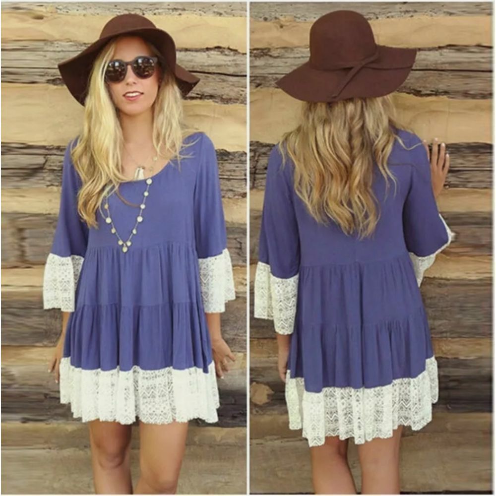 Summer Women Cotton Blend Lace Long Sleeve Party Dress Casual Mini Dress